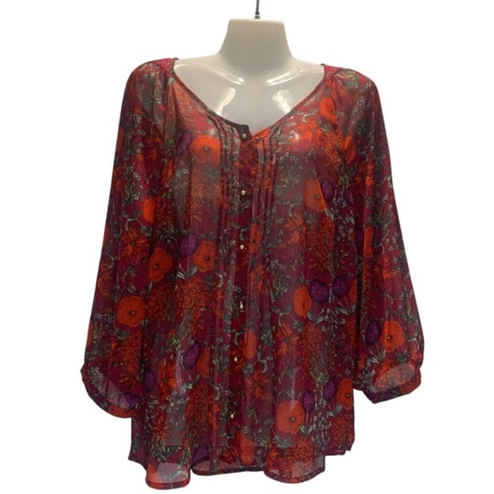 Fred David Women's XL Red Floral Sheer 3/4 sleeves Blouse Dainty Lace Neckline